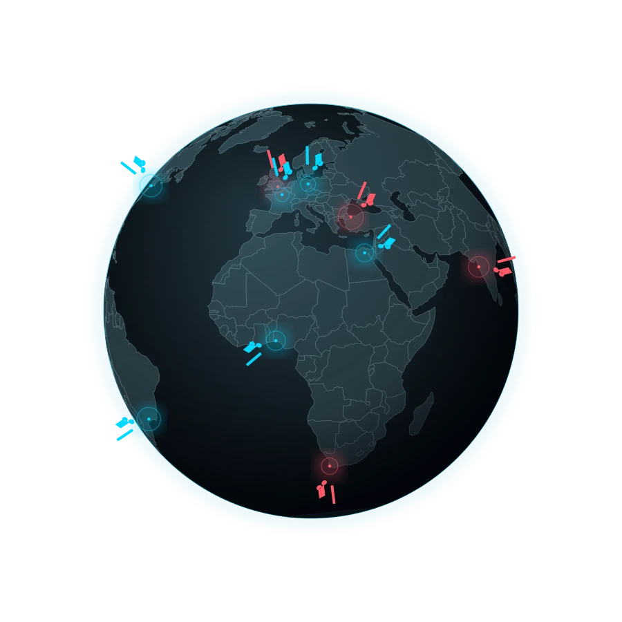 A dark globe with cyan and coral musical notes lighting up cities