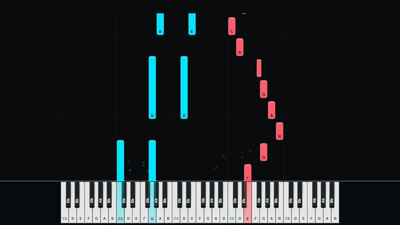 Three-dimensional piano keys under falling cyan and coral notes, captured from SheetSnap Style Studio
