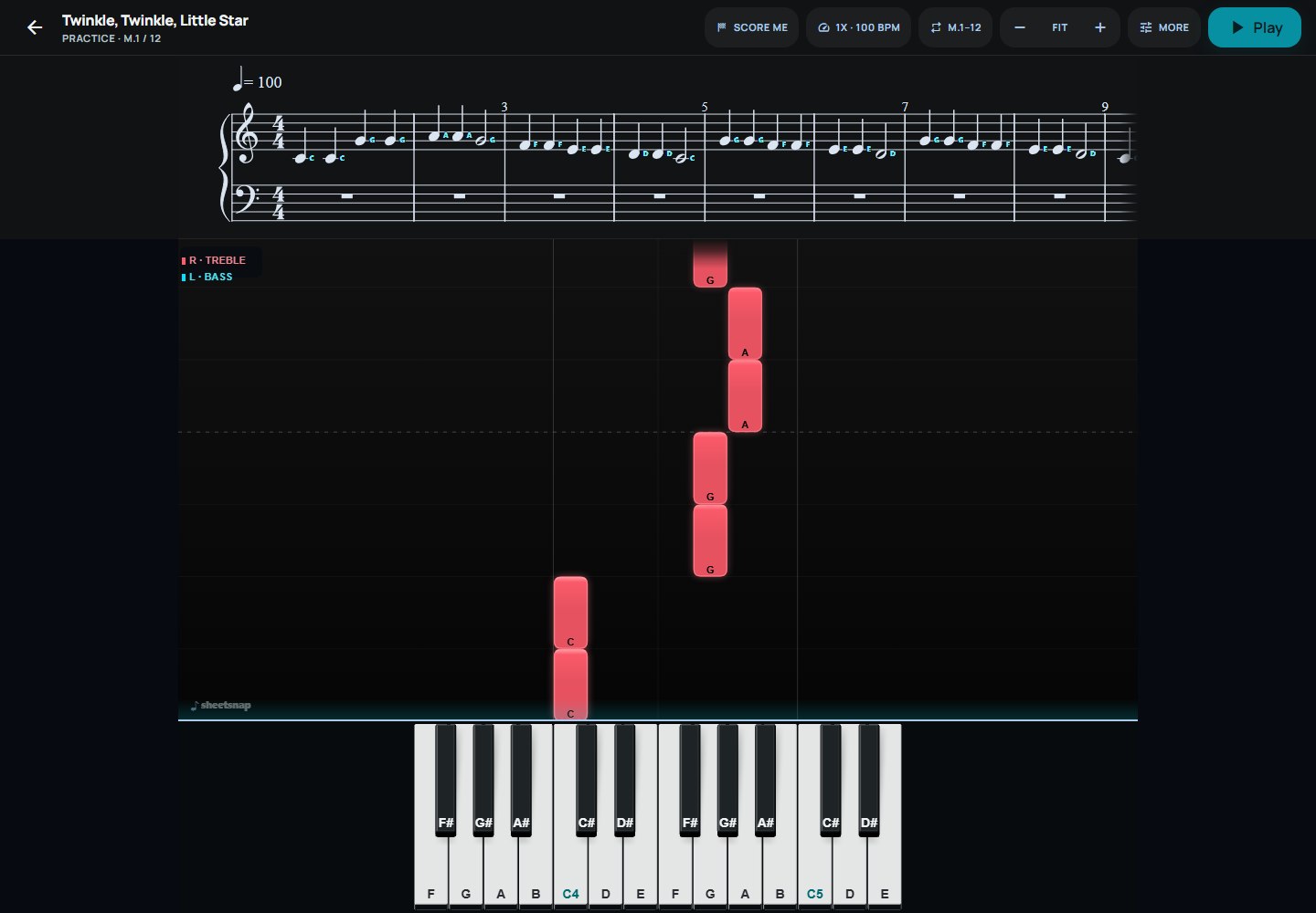 SheetSnap practice view showing a score, falling notes, tempo controls, and the three-dimensional piano keyboard